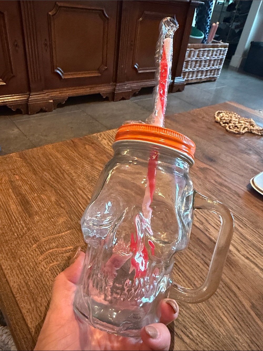 💀 Glass Orange Skull Mason Drinking Jar with Handle, Straw & Lid